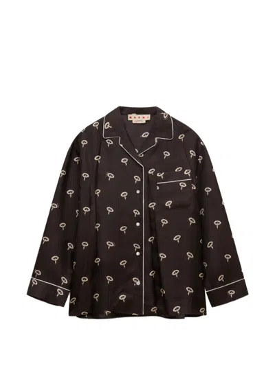 Marni Brown Silk Twill Pajama Shirt With Floral Print