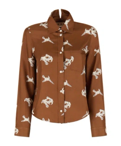 Marni Brown Silk Twill Shirt With Raven Print