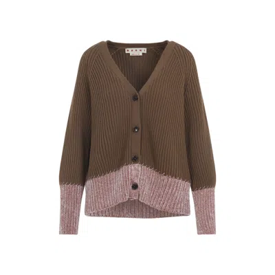 MARNI BROWN WOOL COLOR-BLOCK CARDIGAN