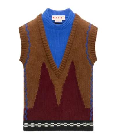 Marni Brown Wool Layered Vest With M Intarsia In Sadellebrown