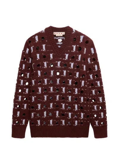 Marni Brown Wool And Cashmere Sweater With Openwork Polka Dots In Red