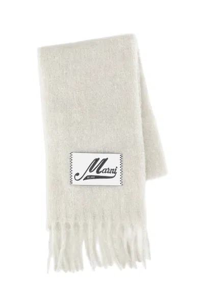 Marni Brushed Alpaca Scarf With Fringed Edge And Logo Detail In Beige