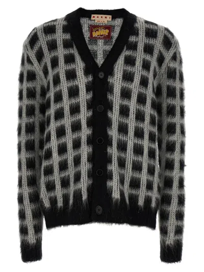 Marni 'brushed Check Fuzzy Wuzzy' Cardigan In White/black