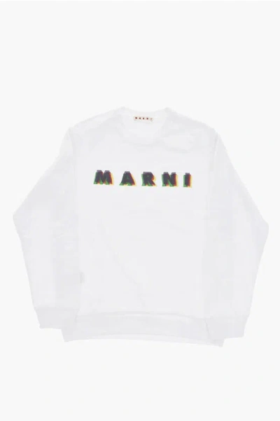 Marni Brushed Cotton Crew-neck Sweatshirt With Printed Logo In White