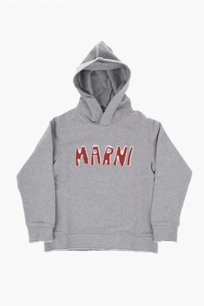 Marni Brushed Cotton Hoodie With Contrasting Logo In Grey