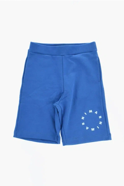Marni Brushed Cotton Shorts With Printed Logo In Blue