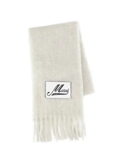Marni Brushed Alpaca Scarf With Fringed Edge And Logo Detail In Gray