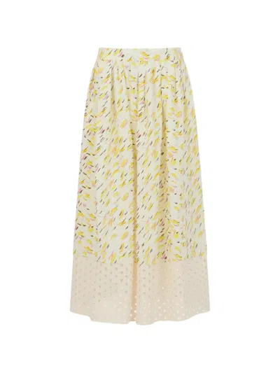 Marni Broderie Anglaise-trimmed Printed Linen Midi Skirt In Neutral