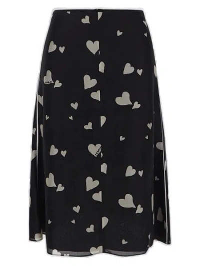 Marni Bunch Of Hearts Print Silk Flared Skirt In Black