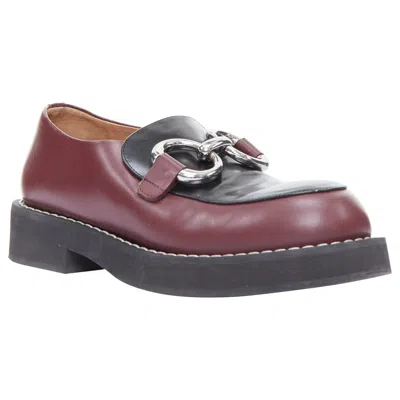 Pre-owned Marni Burgundy Black Leather Silver Chunky Buckle Loafers Eu39 In Red