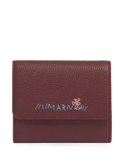 Marni Burgundy Leather Flap Cardholder With  Mending In Red