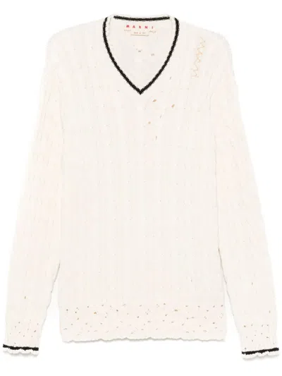 Marni Cable Knit V-neck Sweater In White