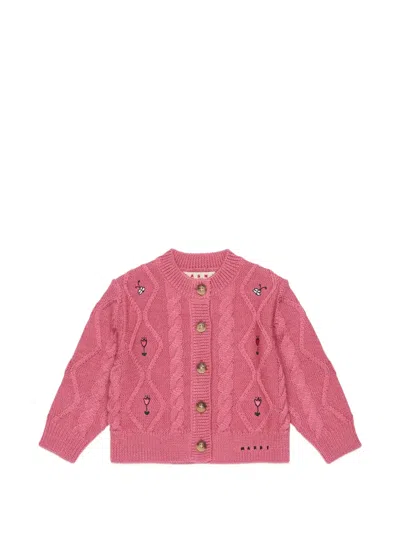 Marni Kids' Cable-knit Embroidered Cardigan In Pink