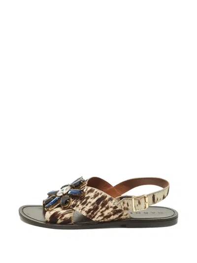 Pre-owned Marni Calf-hair Crystal Sandals In Brown