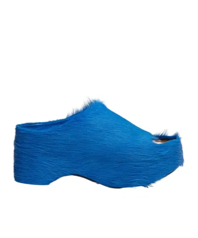 Marni Calf-hair Platform Mules In Blue