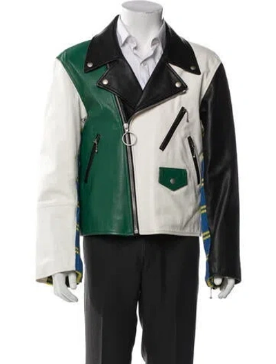Pre-owned Marni Calf Leather Colorblock Pattern Moto Jacket In Green