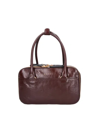 Marni Calf Leather Shoulder Bag With Brass Metallic Hardware In Brown