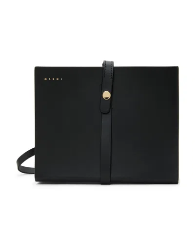 Marni Calf Leather Strapped Clutch Bag In Black