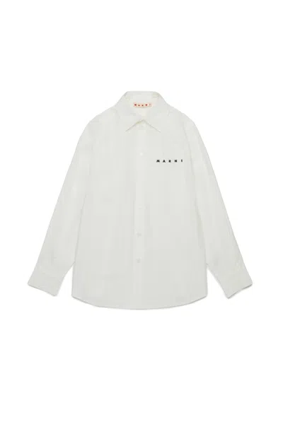 Marni Camicia In Popeline Con Logo Ricamato In Neutral