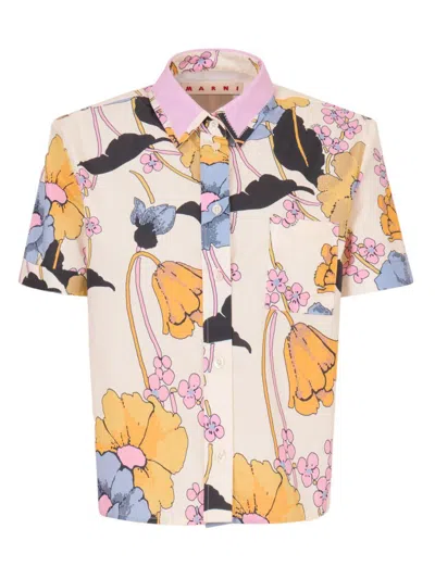 Marni Cream Poplin Cropped Shirt With Melodia Print In Multi