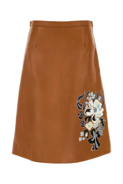 Marni Leather Skirt Floral Embroidery Side Pockets In Brown