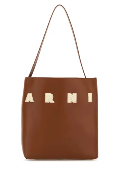 Marni Caramel Leather Small Museo Shoulder Bag In Moca/ivory