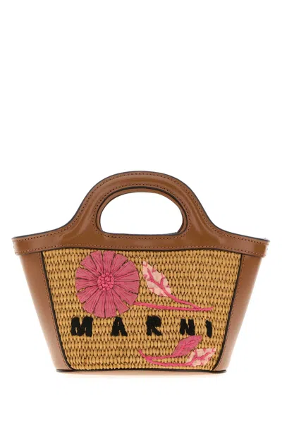 Marni Caramel Raffia Handbag In Multi