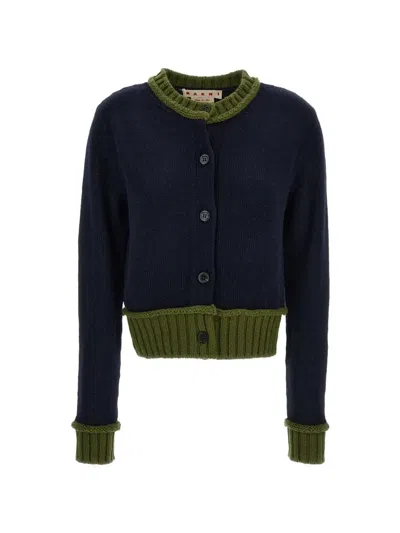 Marni Color Block Cropped Knit Round Neck Jacket In Blue