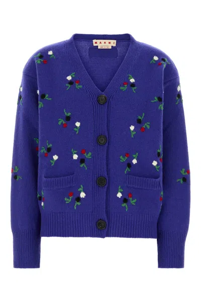 Marni Floral-embroidered Virgin Wool Cardigan In Blue