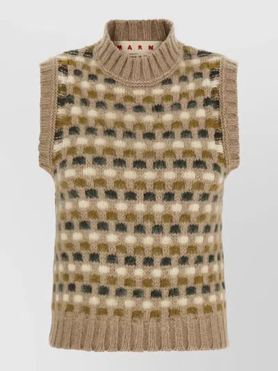 Marni Cashmere Wool Ribbed High Neck Sleeveless Jacquard Knit Vest