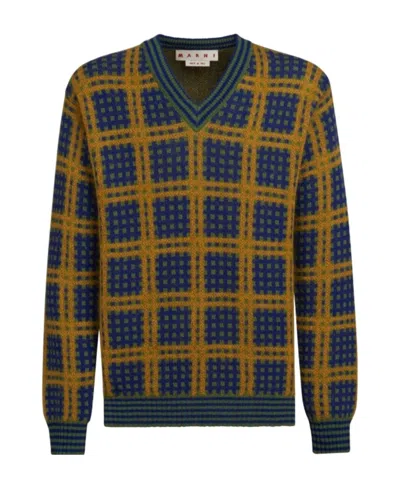 MARNI MARNI V-NECK CHECKED KNIT JUMPER