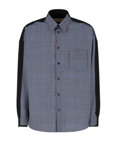 MARNI BLUE TROPICAL WOOL SHIRT WITH CONTRAST BACK