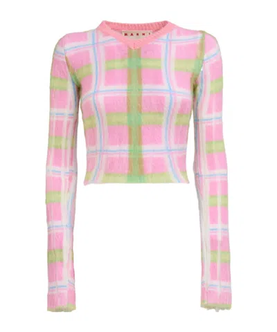 Marni Check-print Brushed-finish Jumper In Pink