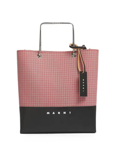 Marni Checked Metal-handle Tote Bag In Blue