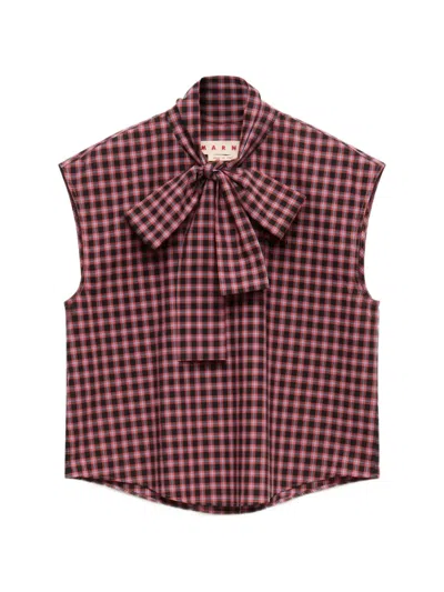 Marni Checked Pussy-bow Shirt In Multi