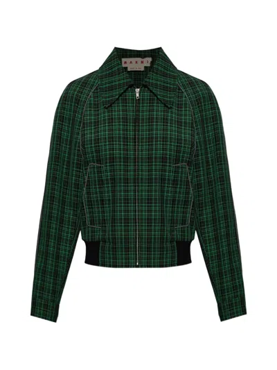 Marni Cropped Checked Wool And Cotton-blend Twill Jacket In Green