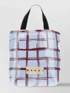 Marni Glossy Coated Canvas Tote Bag With Double Handles And Plaid Pattern
