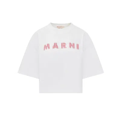 Marni Checkered Logo Cropped T-shirt With Relaxed Fit In White
