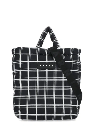 Marni Checkered Puff Tote Bag In Black