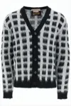 Marni Checkered Textured Cardigan With V-neckline And Ribbed Accents In Multi