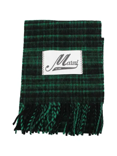 Marni Check-pattern Fringed Scarf In Green