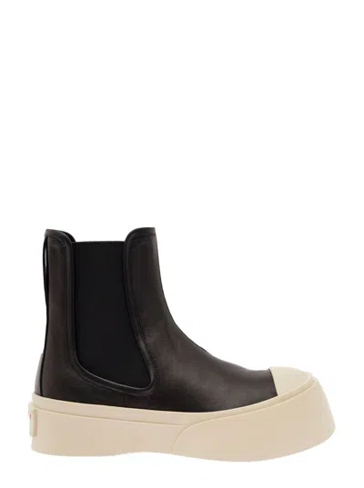 MARNI BLACK CHELSEA BOOTS WITH LOGO PATCH IN LEATHER WOMAN
