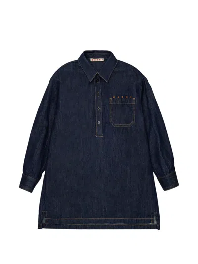 Marni Kids' Chest-pocket Button Dress In Blue