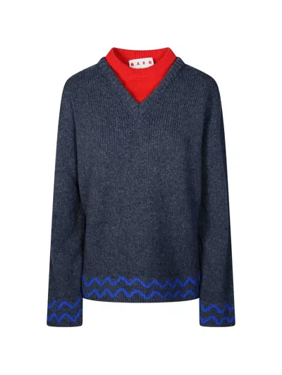 Marni Chevron-pattern Layered-effect Sweater In Blue