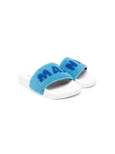 Marni Kids' Intarsia-knit-logo Slides In Blue
