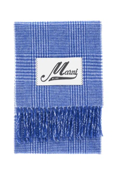 Marni Classic Check Wool Scarf With Logo Label In Blue