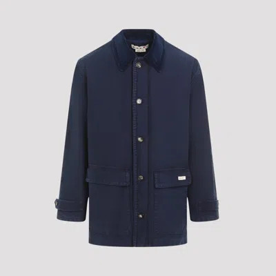 Marni Single-breasted Coat With Corduroy Collar And Relaxed Fit In Blue