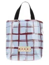 Marni Glossy Coated Canvas Tote Bag With Double Handles And Plaid Pattern In Blue