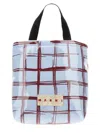 Marni Glossy Coated Canvas Tote Bag With Double Handles And Plaid Pattern In Blue