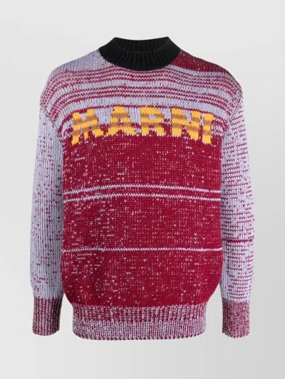 Marni Intarsia-knit-logo Virgin-wool Sweater In Burgundy
